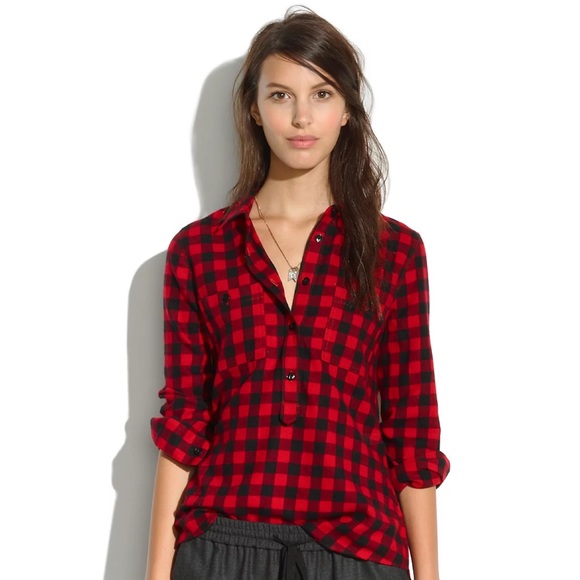 Madewell Flannel Popover Shirt, Buffalo Plaid Check, red black, Small - Picture 1 of 6